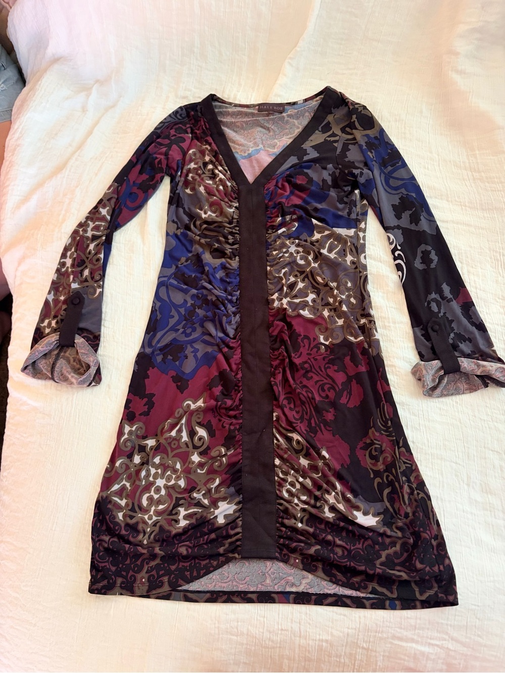 Hale Bob Burgundy, Blue & Black V-Neck Long Sleeve Dress